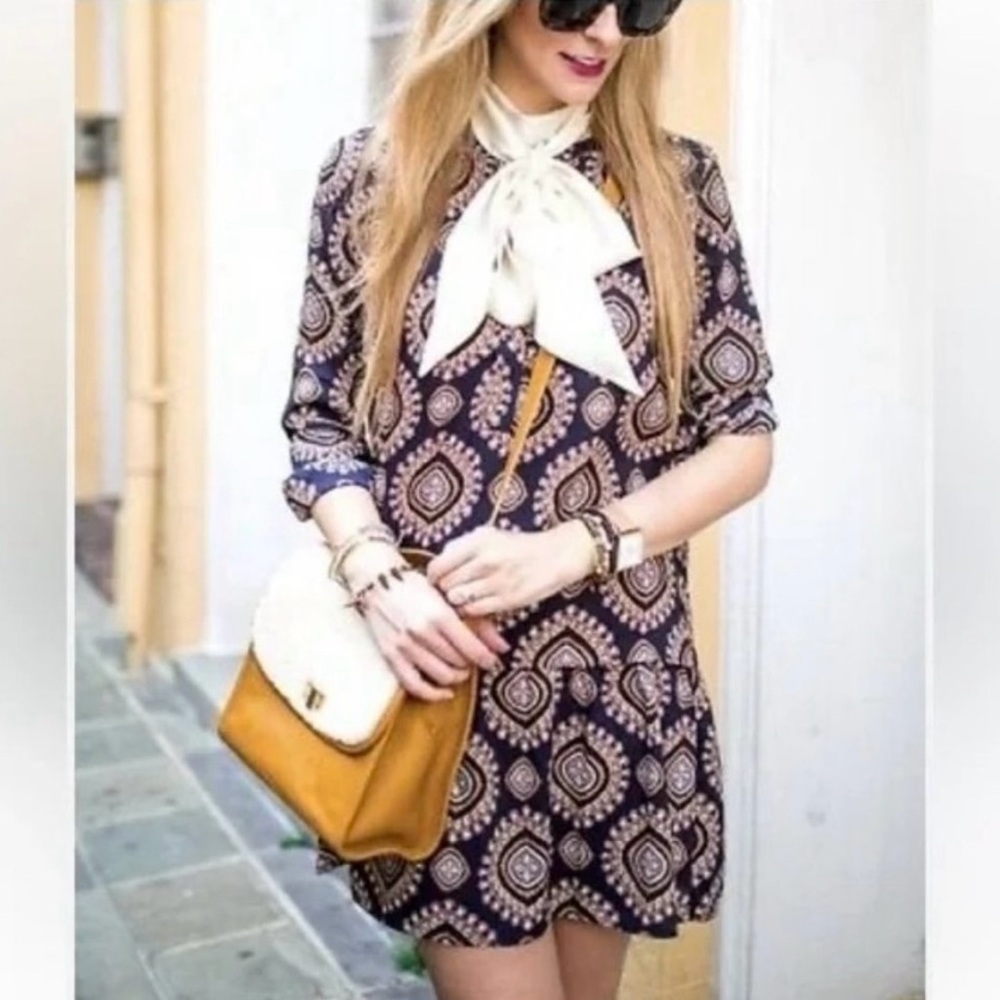 Loft Navy Blue Dress Geometric Medallion Long Sleeve Drop Waist Bohemian Sz S